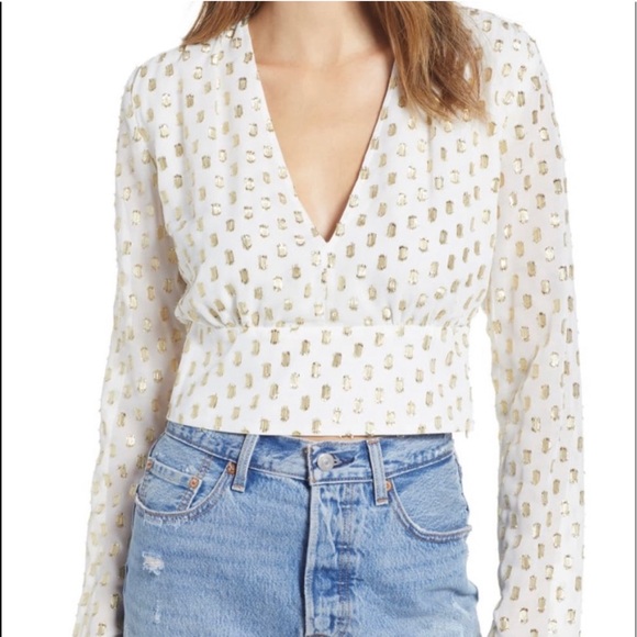 Leith Tops - LEITH White Blouse Gold Metallic Polka Dots Small